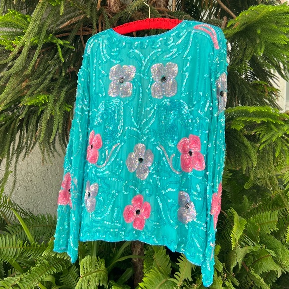 Turquoise Pink 100% Silk Floral Sequin Short Jacket | Hand Embroidered | Small - Picture 4 of 16